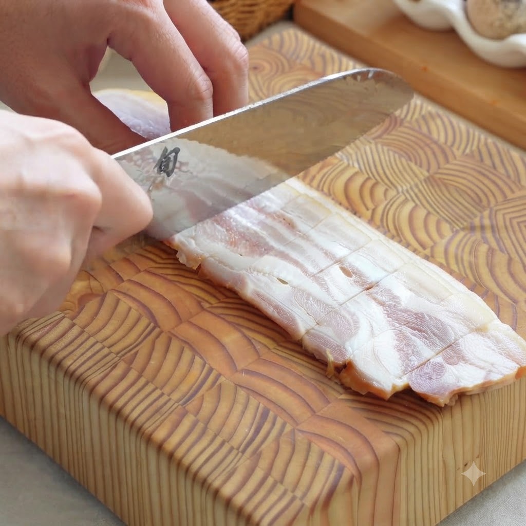 Tre strisce di pancetta affettate in strisce sottili su un asse di legno.