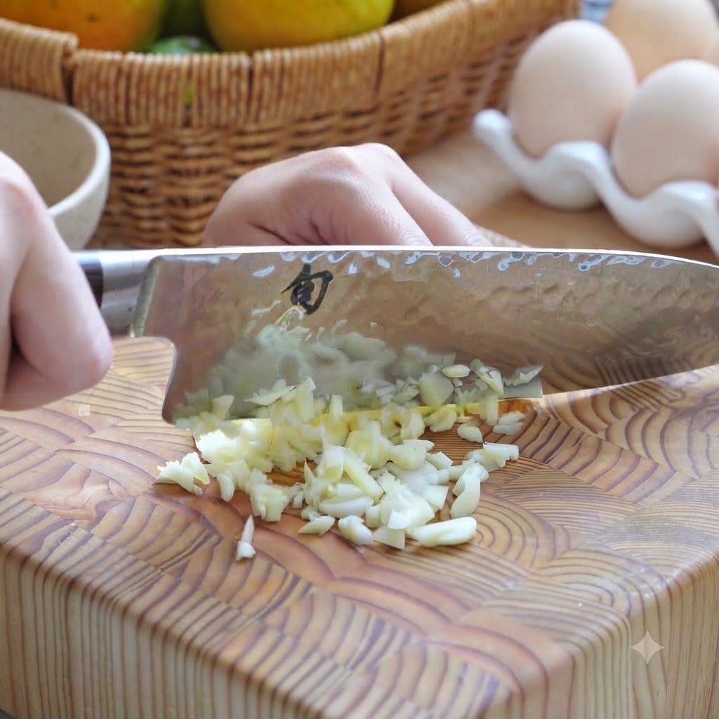 Spicchi daglio tritati finemente sul tagliere con un coltello da chef.