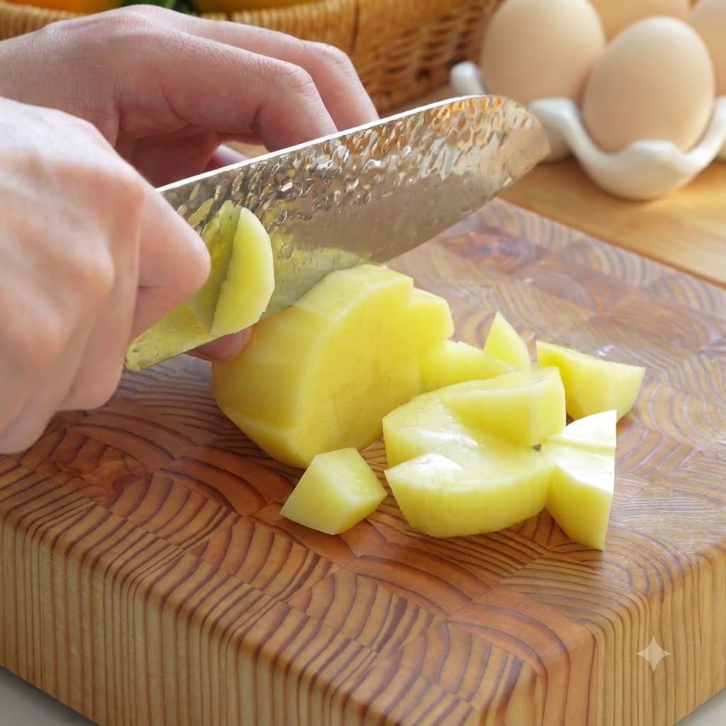 Patate e carote sbucciate e tagliate a cubetti piccoli e uniformi su un tagliere.
