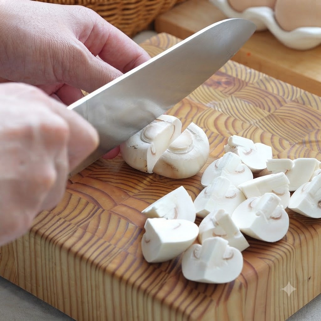 Funghi champignon bianchi tagliati in quarti su un tagliere di legno.