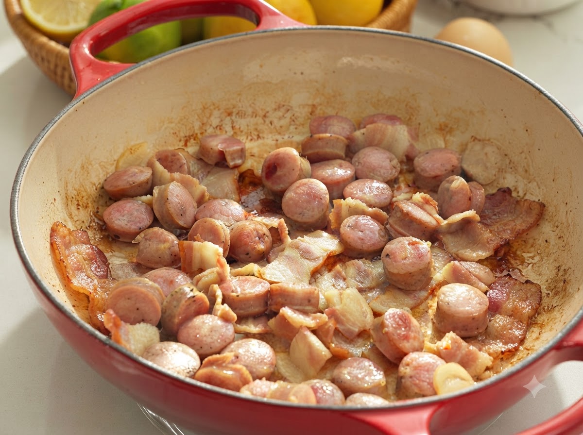 Strisce di pancetta e salsicce affettate che rosolano in una grande padella rossa fino a doratura.