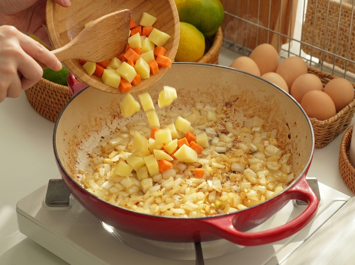 Patate e carote a cubetti versate da una ciotola di legno in una padella contenente aromi rosolati.