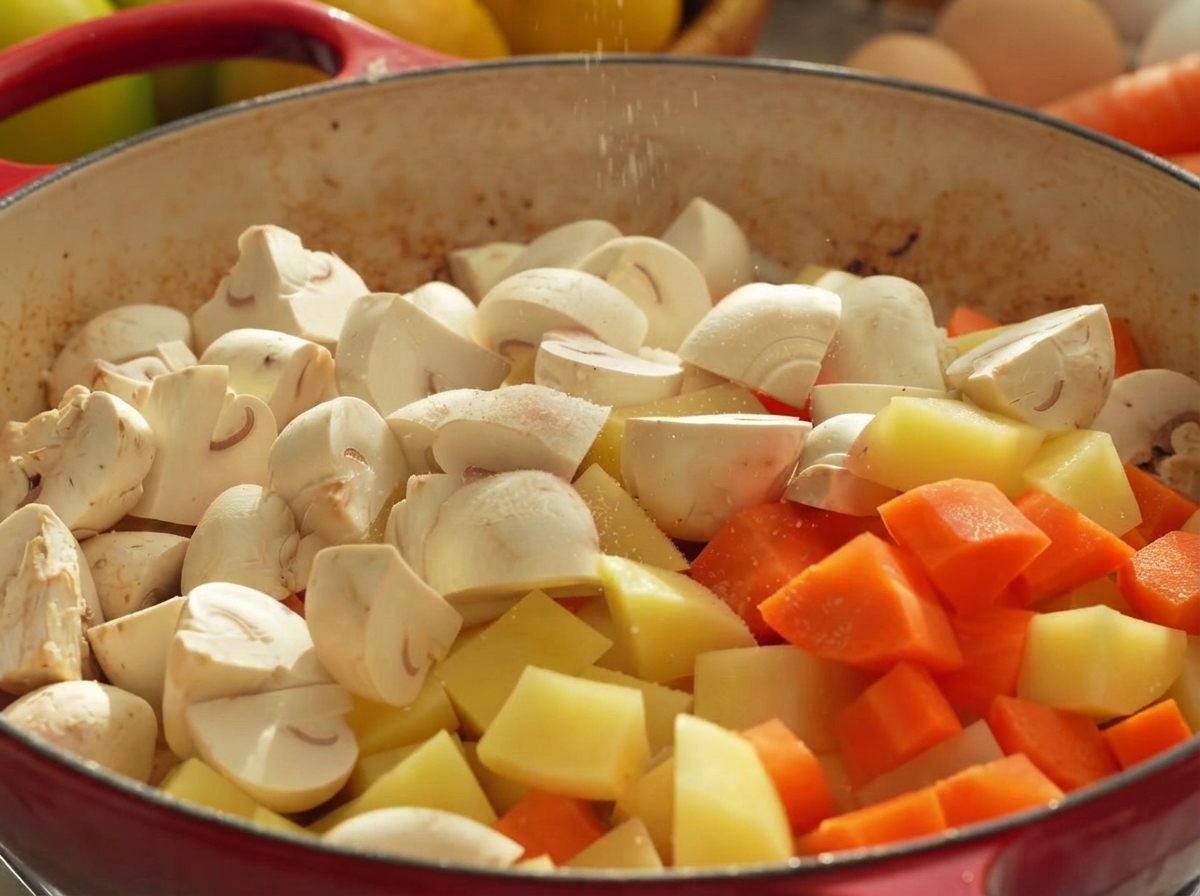 Spezie cosparse su un miscuglio di funghi bianchi affettati, patate a dadini e carote in una padella.