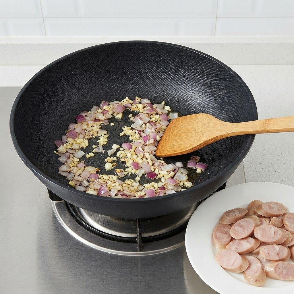 Fette di salsiccia grigliata disposte su un piatto bianco accanto a una padella con aglio e cipolle soffritti.