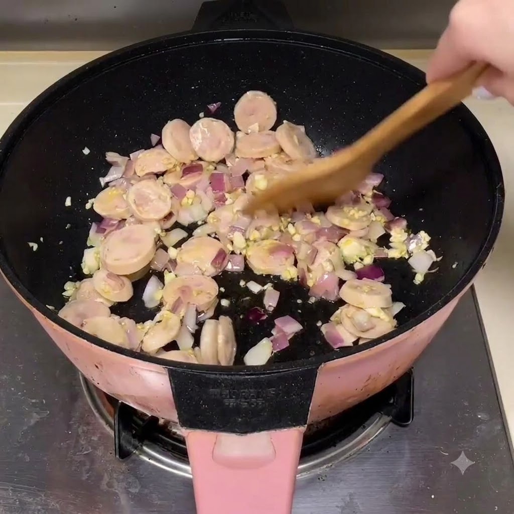 Fette di salsiccia mescolate con cipolle e aglio in una padella utilizzando una spatola di legno.