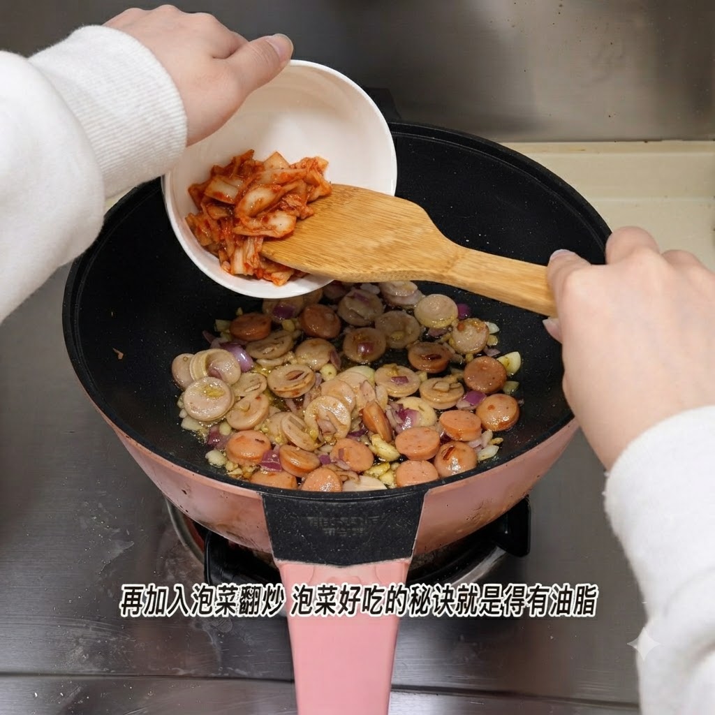 Kimchi versato da una ciotolina bianca nella padella con salsicce e cipolle.