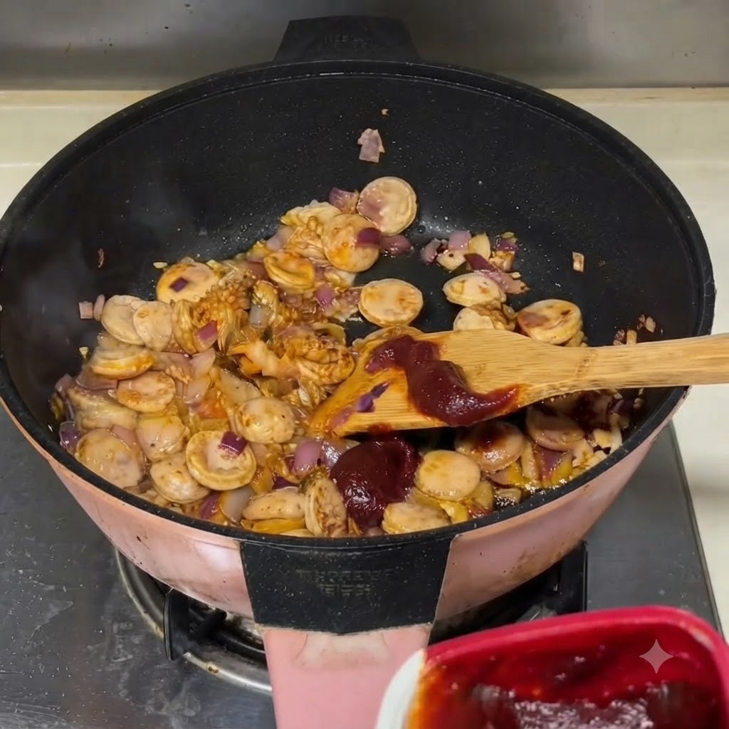 Salse aggiunte sugli ingredienti allinterno della padella di cottura.