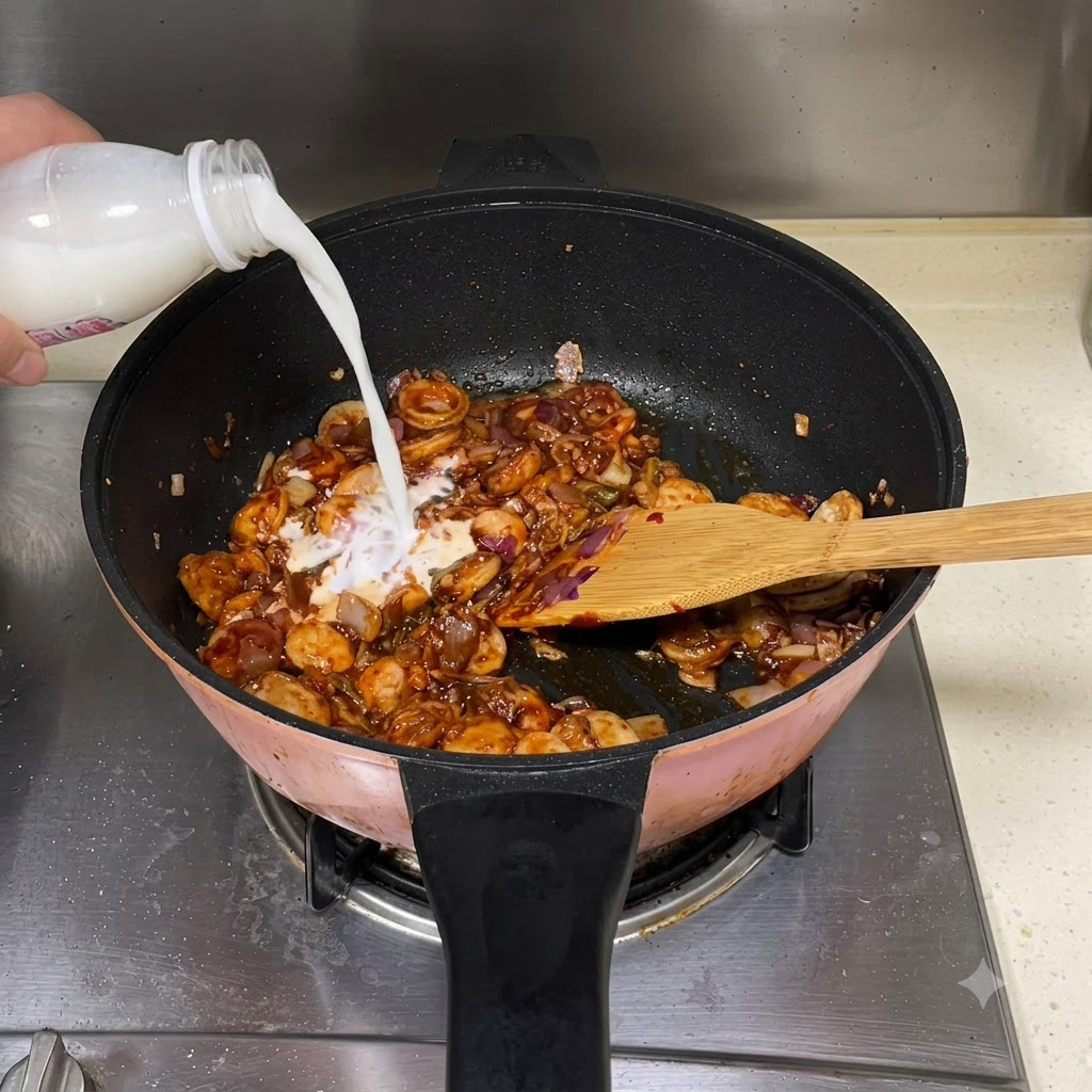 Latte versato da una bottiglia di plastica nella padella di cottura con gli ingredienti in ebollizione.