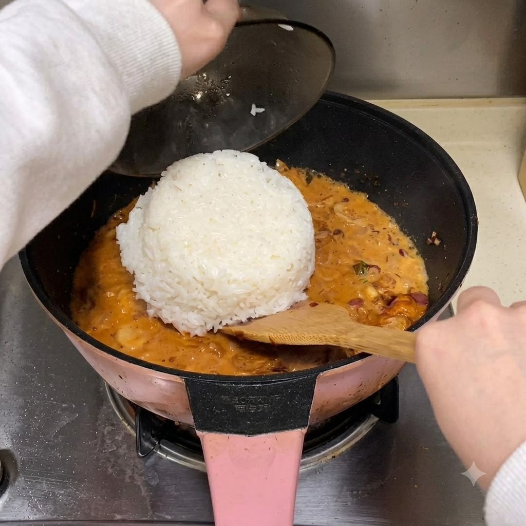 Una ciotola di riso bianco capovolta in una salsa rossa bollente in una padella.
