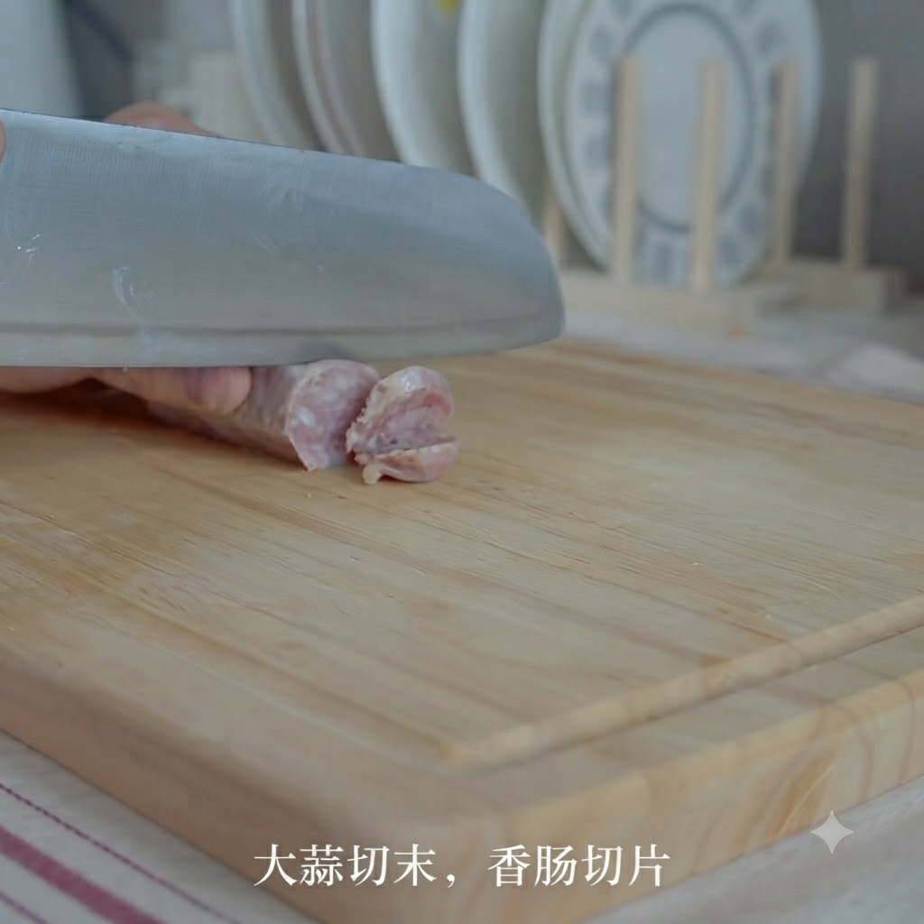 Un coltello da cucina che affetta una salsiccia a rondelle su un tagliere di legno.