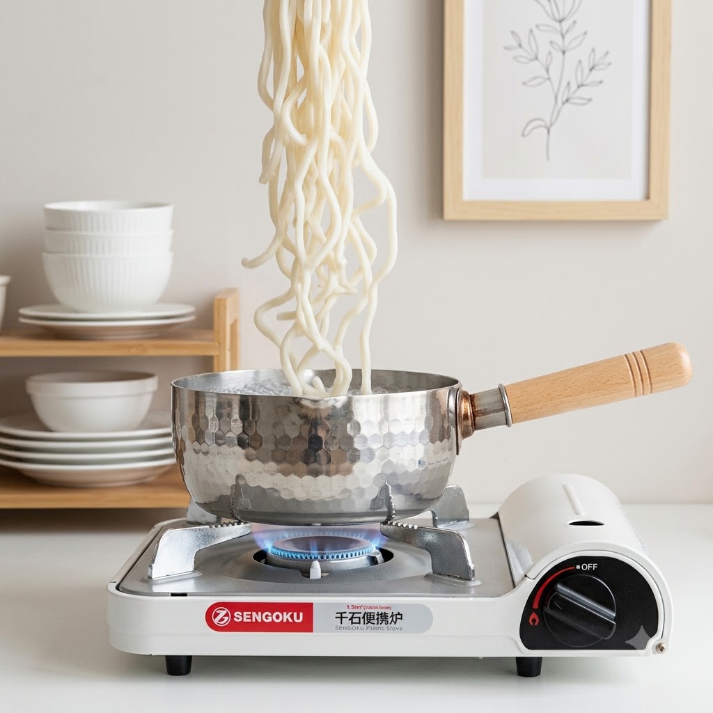 Noodles udon che bollono in una piccola pentola di metallo su una fiamma aperta.