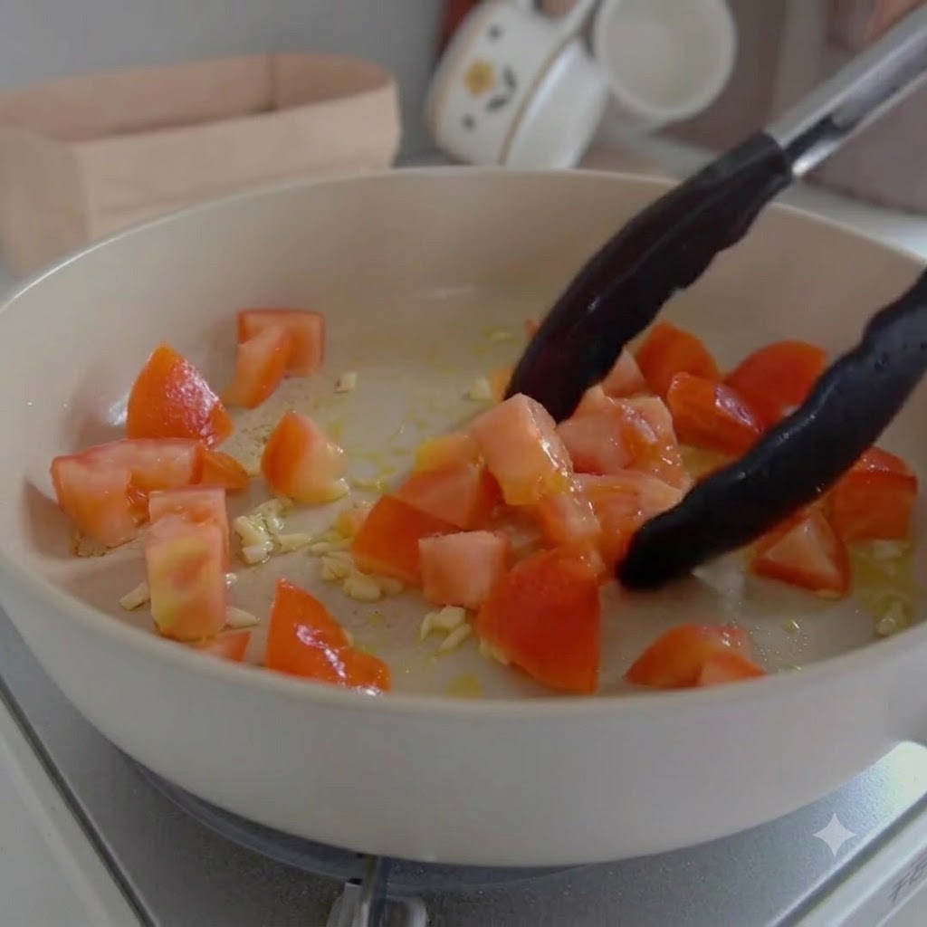 Pomodori a pezzi, kimchi e fette di salsiccia saltati in una padella bianca con pinze da cucina.