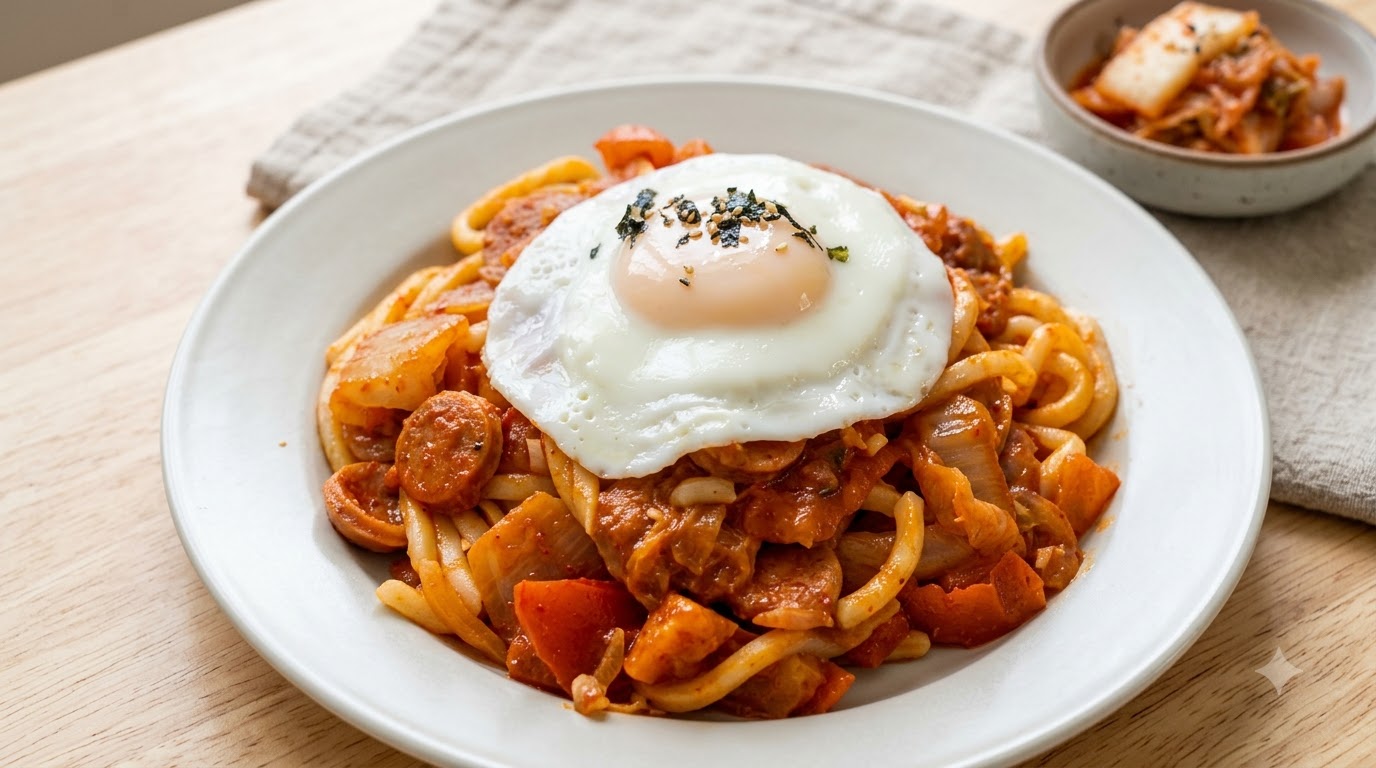 Un piatto di udon saltati con kimchi e salsiccia guarnito con un uovo allocchio di bue e fiocchi di alghe