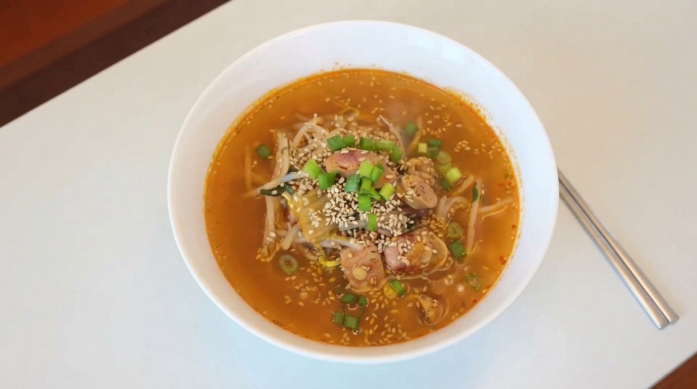 Zuppa Veloce di Kimchi, Salsiccia e Germogli di Soia in 10 Minuti
