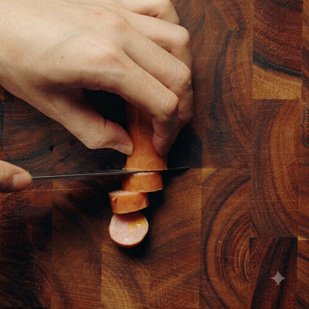 Una mano che affetta una salsiccia al formaggio in piccole sezioni su un tagliere di legno con un coltello.