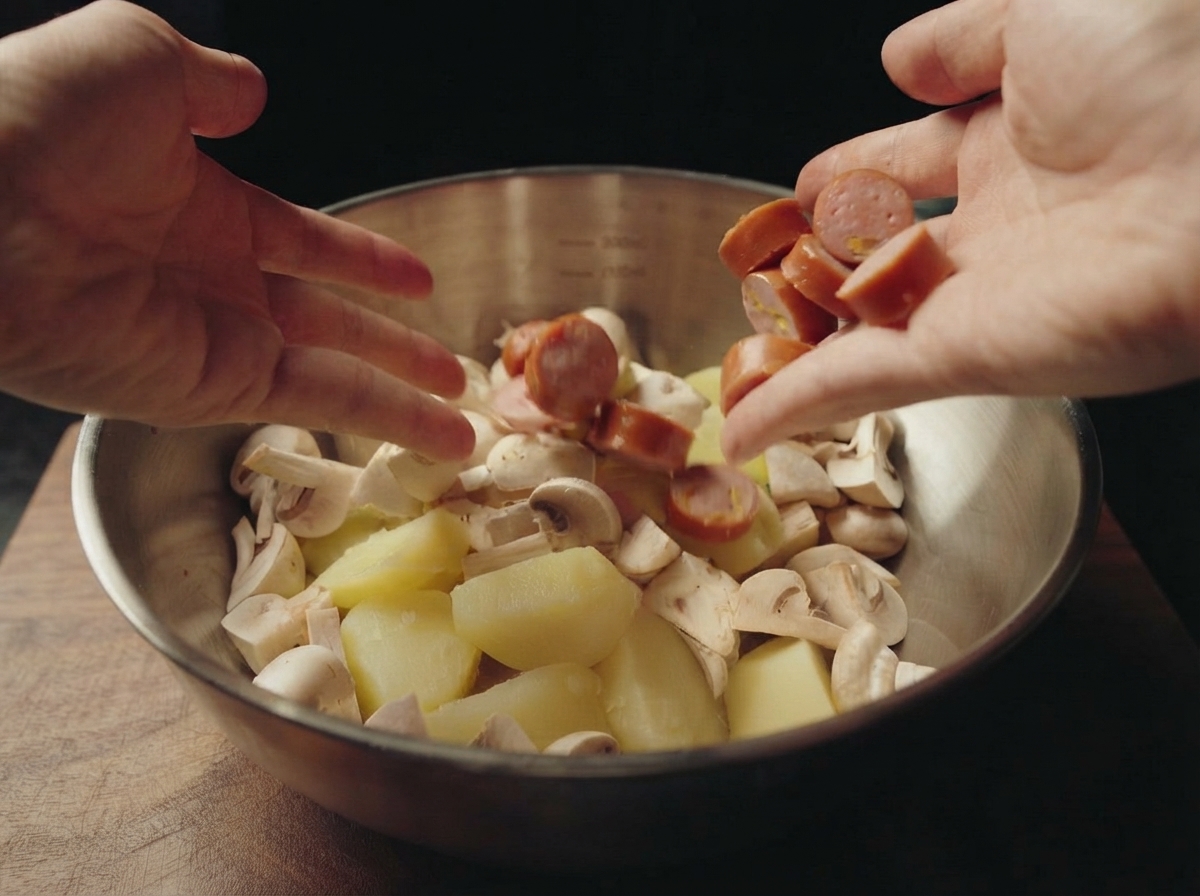 Mani che aggiungono salsicce affettate e funghi champignon bianchi in una ciotola contenente pezzi di patate bollite.