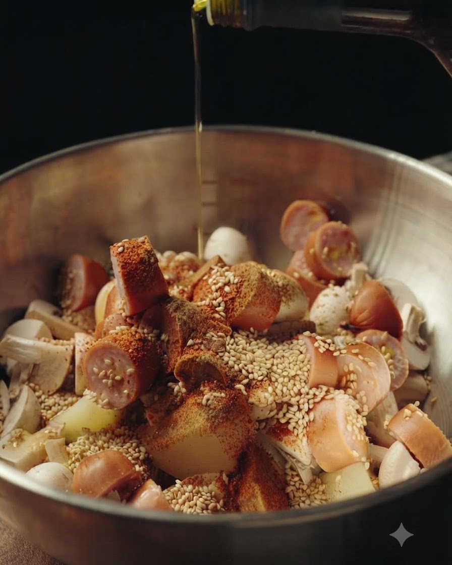 Olio doliva versato da una bottiglia sul mix condito di patate, funghi e salsicce.