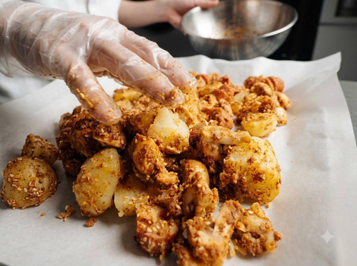 Il composto condito di patate e salsicce viene distribuito su una teglia foderata di carta da forno.