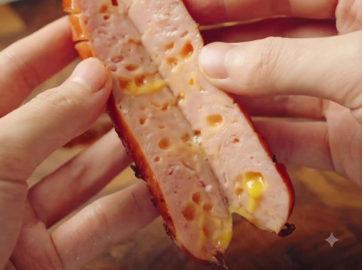 Una salsiccia di formaggio appena cotta tagliata a metà, che mostra il formaggio giallo fuso allinterno.