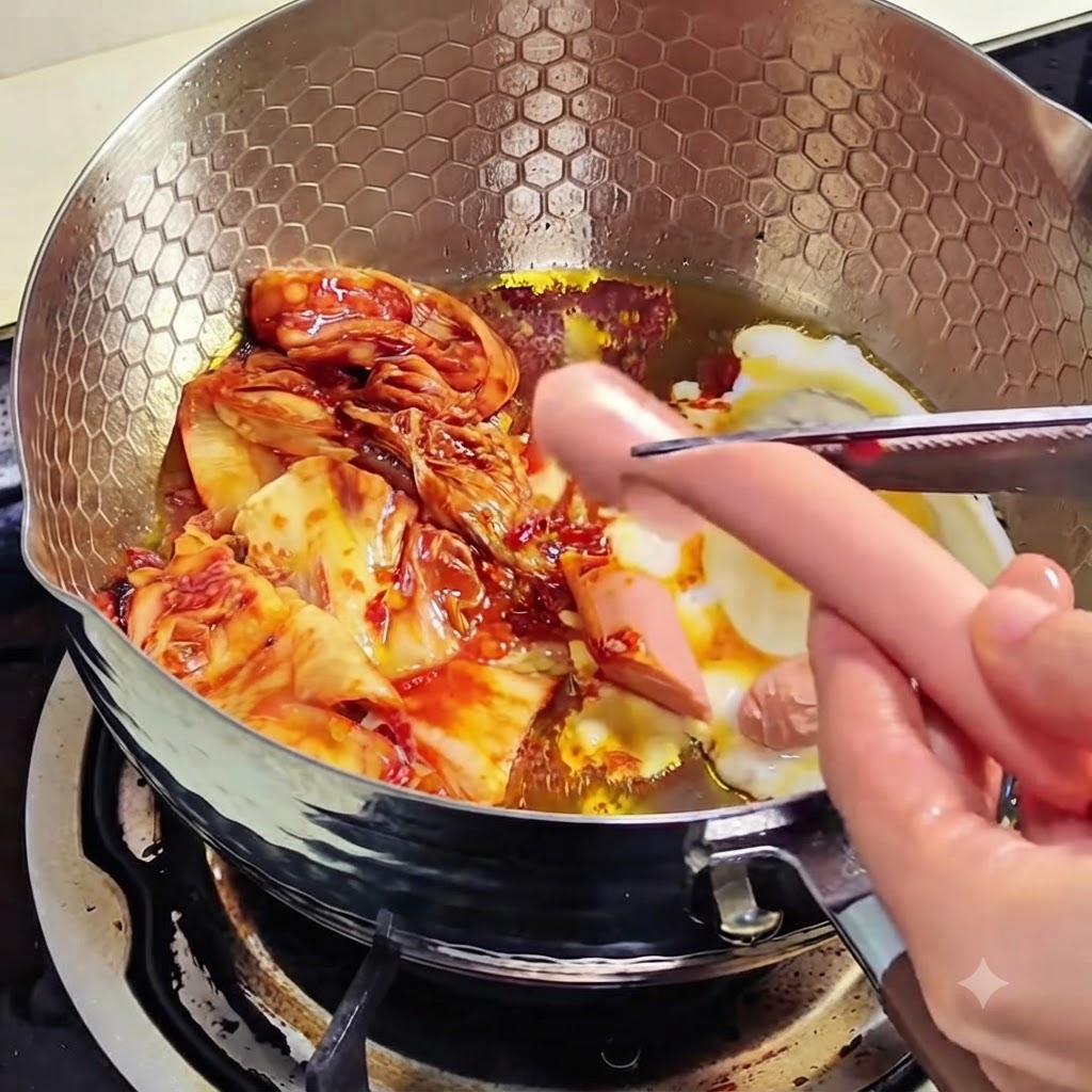 Kimchi che soffrigge in padella con un uovo e fette di salsiccia affettata.