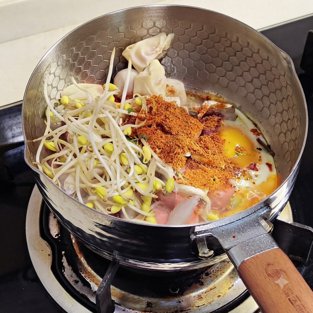 Polvere di condimento e acqua aggiunte sopra gli ingredienti nella padella.