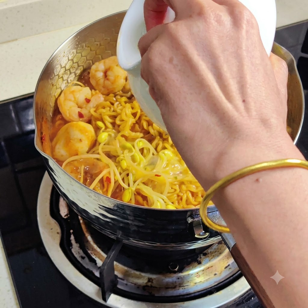 Uovo sbattuto versato da un contenitore bianco nella pentola di noodles in ebollizione.