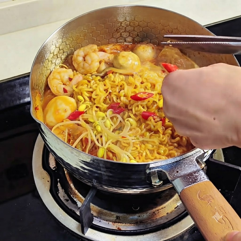 Peperoncini rossi tritati e cipollotti sparsi sopra i noodles ramen cotti.