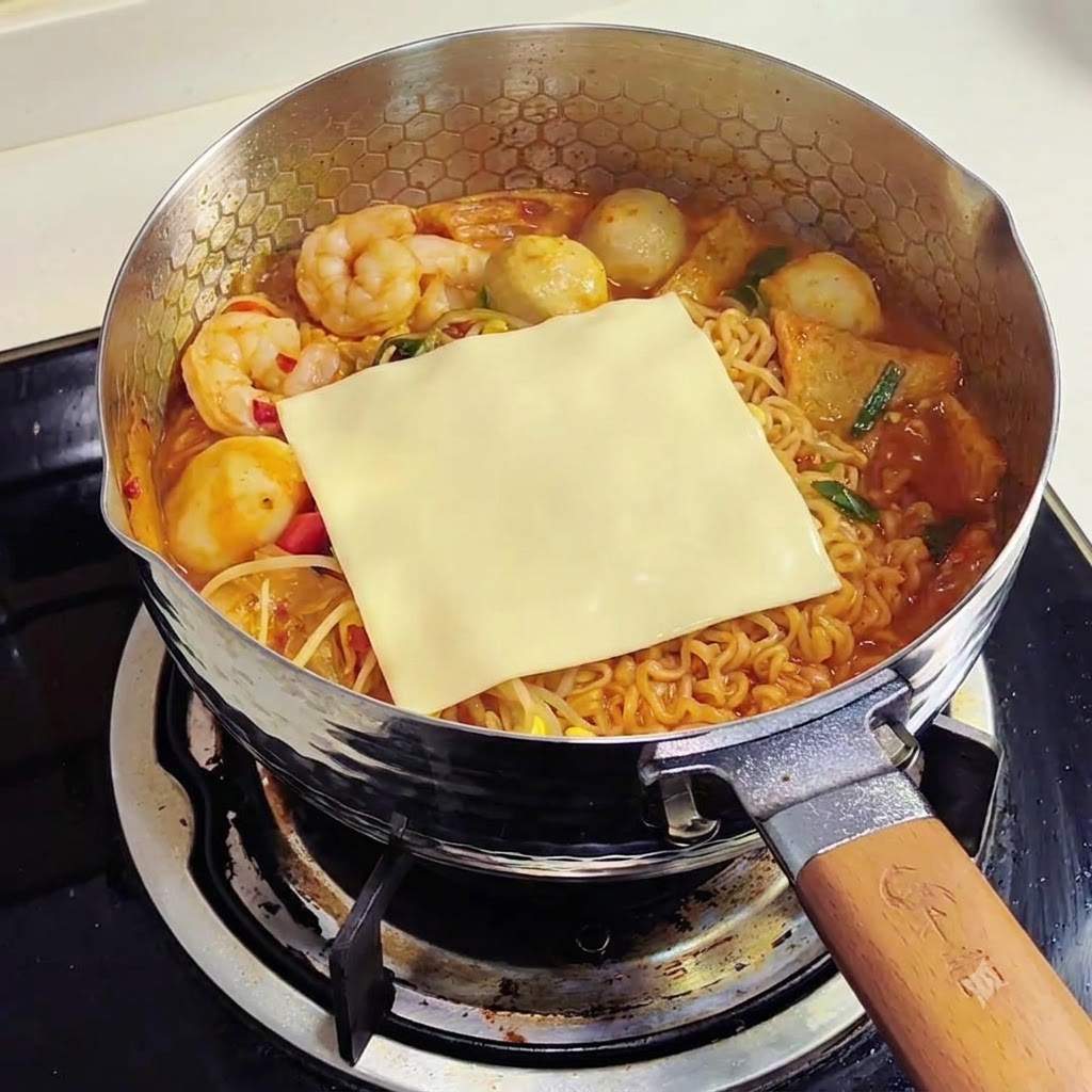 Due fette di formaggio giallo messe sopra i noodles ramen fumanti in una padella.