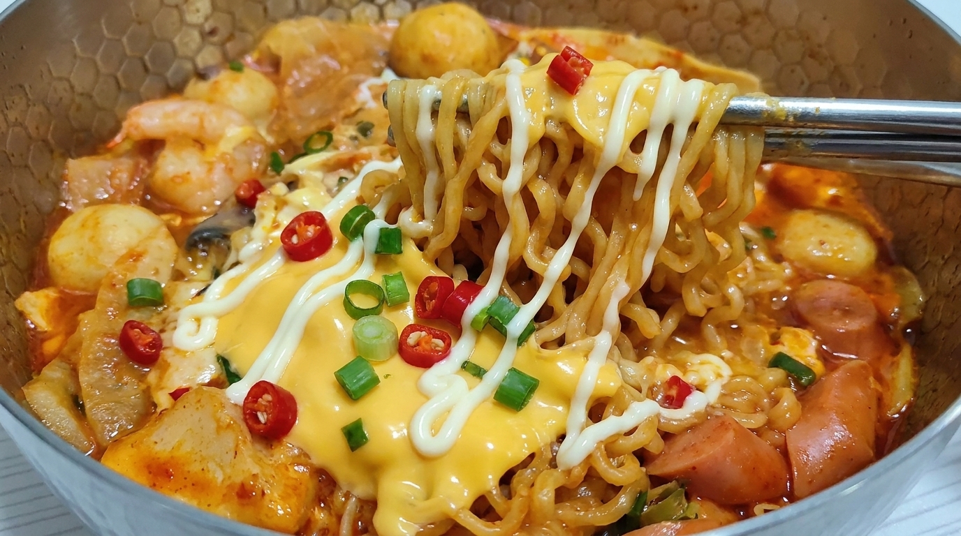 Una ricca pentola di noodles istantanei guarniti con formaggio fuso, maionese a filo e fette di peperoncino piccante raccolti con le bacchette.