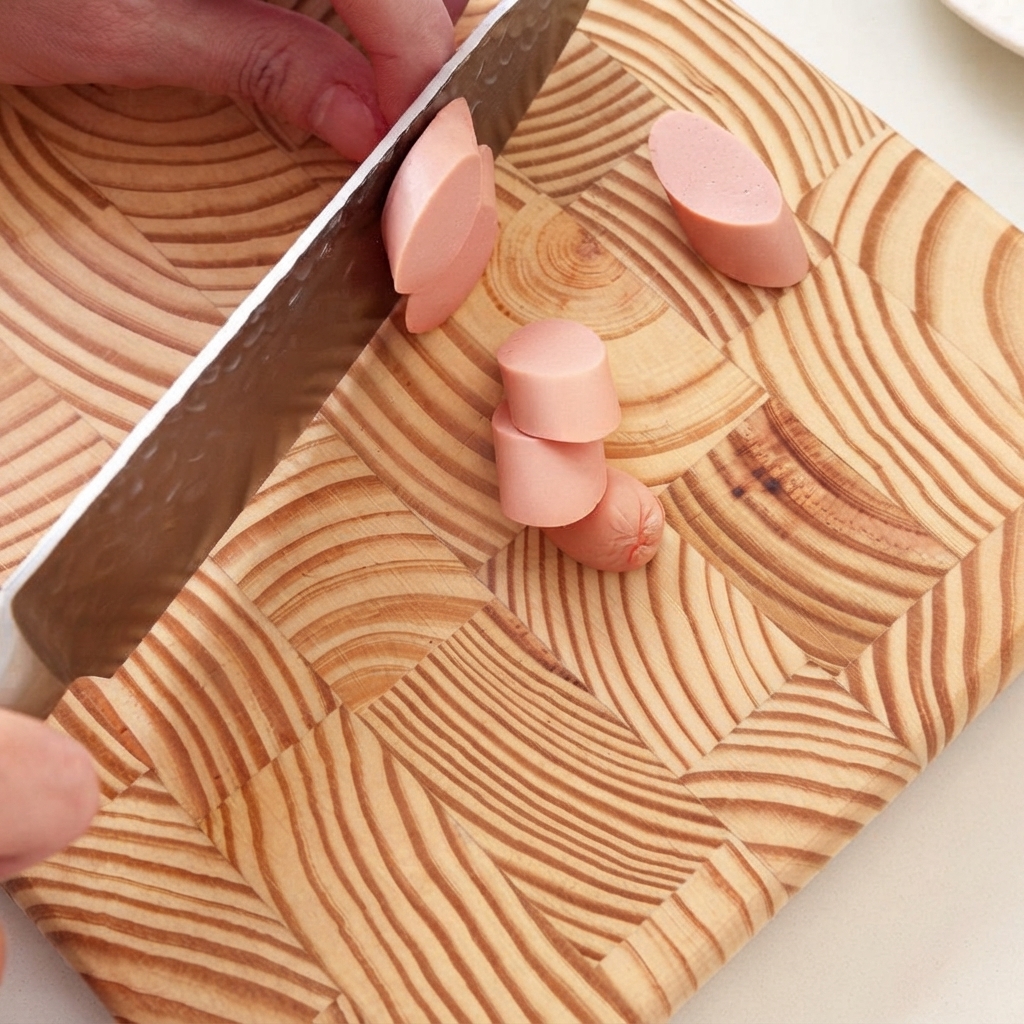 Un panetto di tofu bianco tagliato a piccoli quadratini su un tagliere di legno.