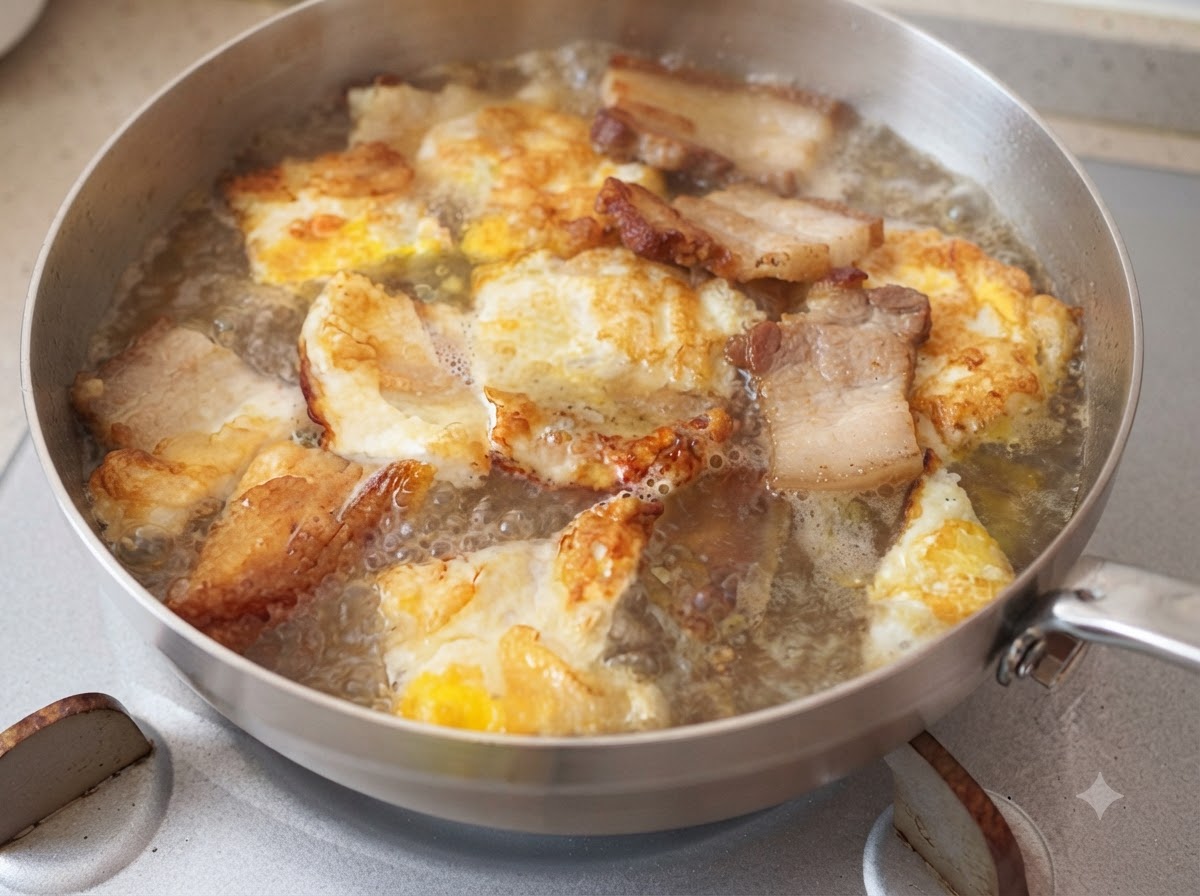 Funghi affettati, wurstel di prosciutto e pezzi di tofu bianco inseriti nella pentola di brodo.