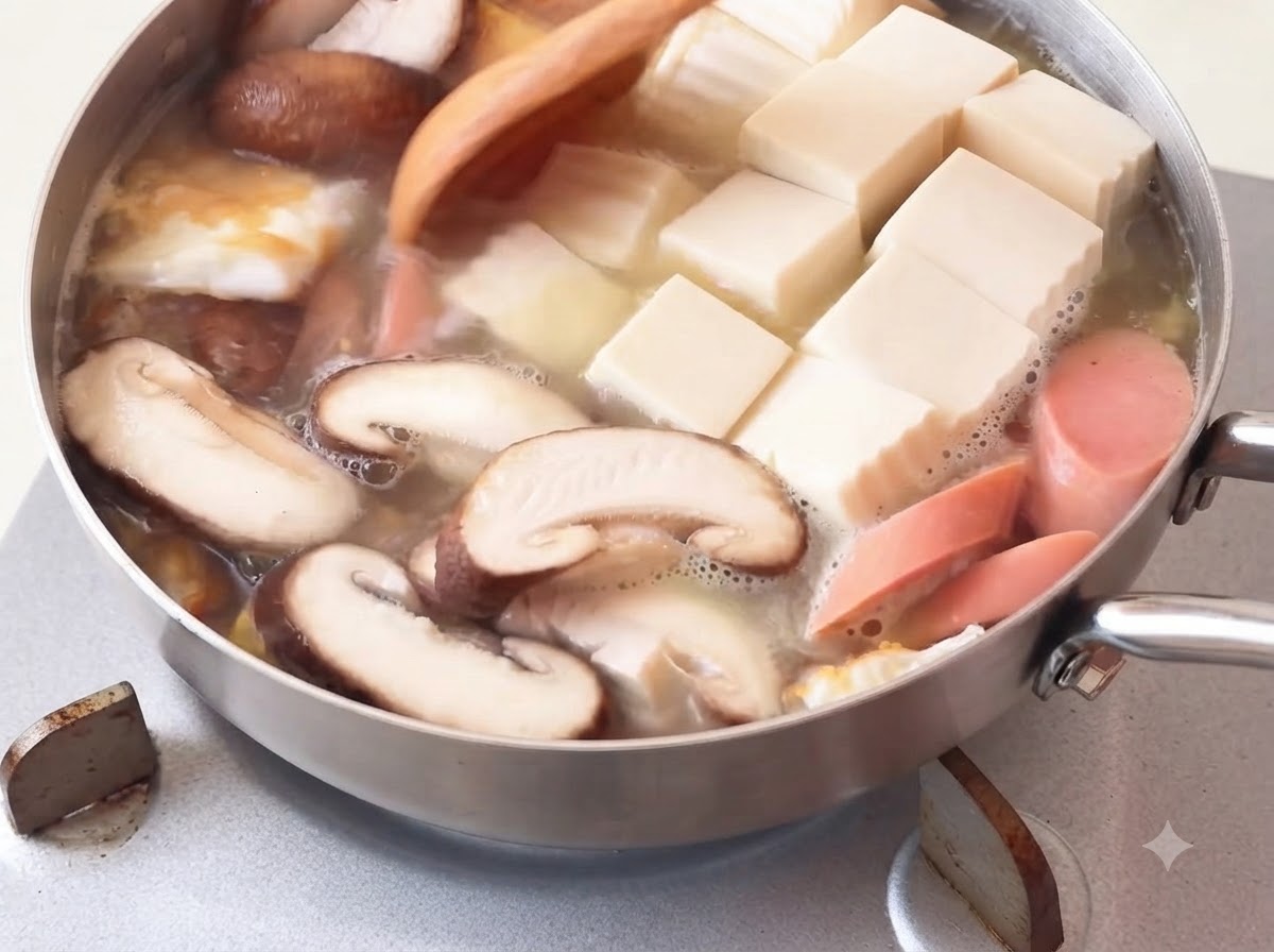 Foglie di cavolo cinese fresche aggiunte nella zuppa in ebollizione con un cucchiaio di legno.
