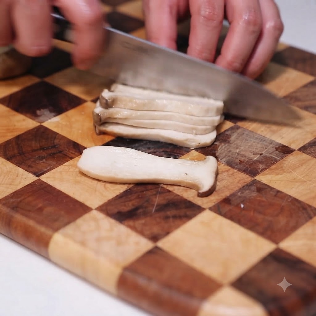 Un coltello da chef affetta singoli funghi in pezzi regolari e uniformi su un tagliere di legno a quadri.