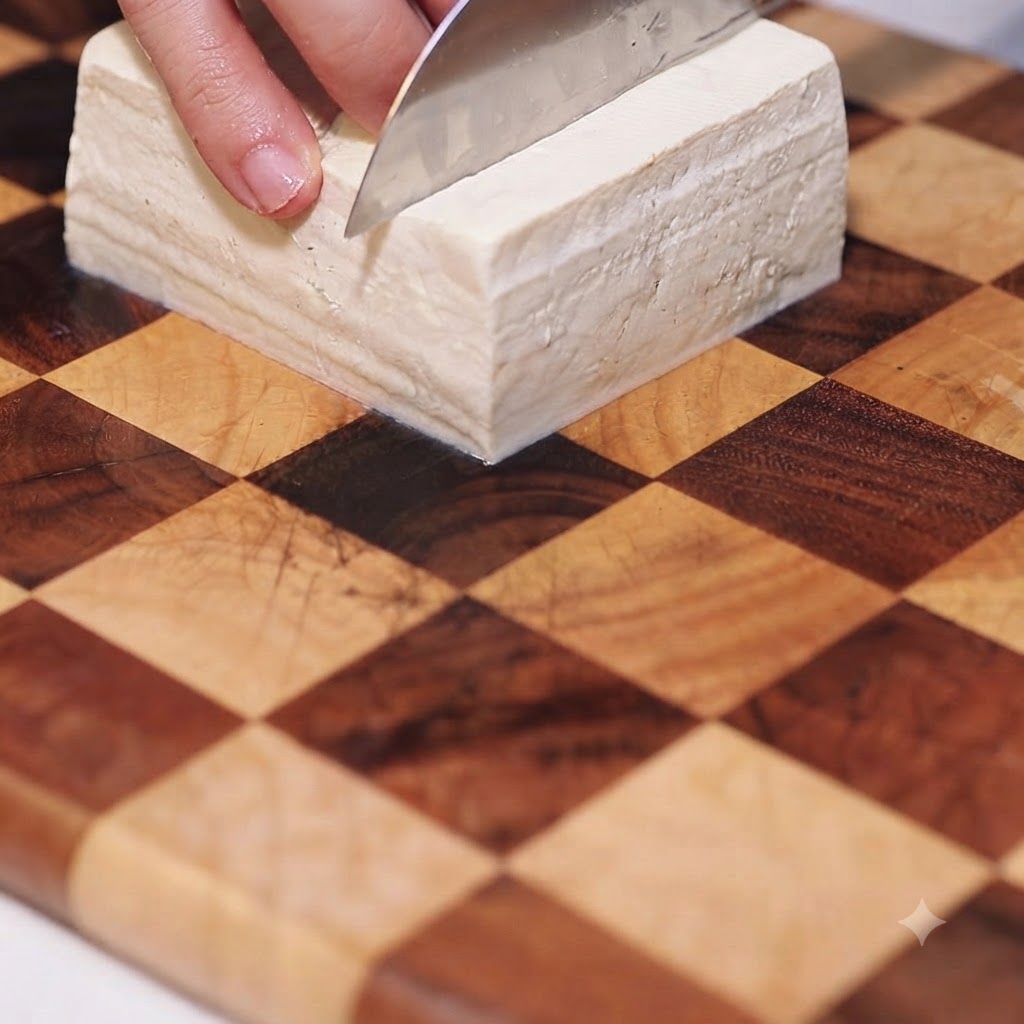 Una mano che tiene un coltello mentre affetta un blocco spesso di tofu bianco sodo in regolari porzioni triangolari su un tagliere.