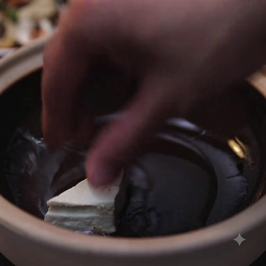 Una mano che posiziona un triangolo di tofu sodo in un tegame di terracotta caldo pieno dolio per friggerlo fino a doratura.