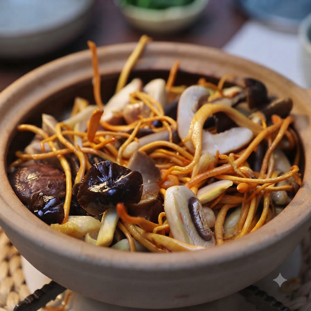 Un tegame di terracotta pieno di un denso miscuglio di funghi saltati e tofu fritto dorato disposto ordinatamente sopra.