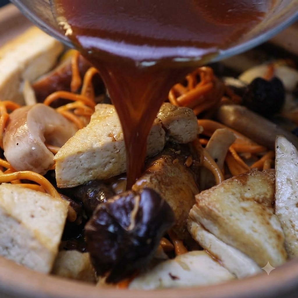 Una salsa saporita marrone scuro che viene versata da una ciotola di vetro sopra il tofu fritto e vari funghi allinterno di un tegame di terracotta.