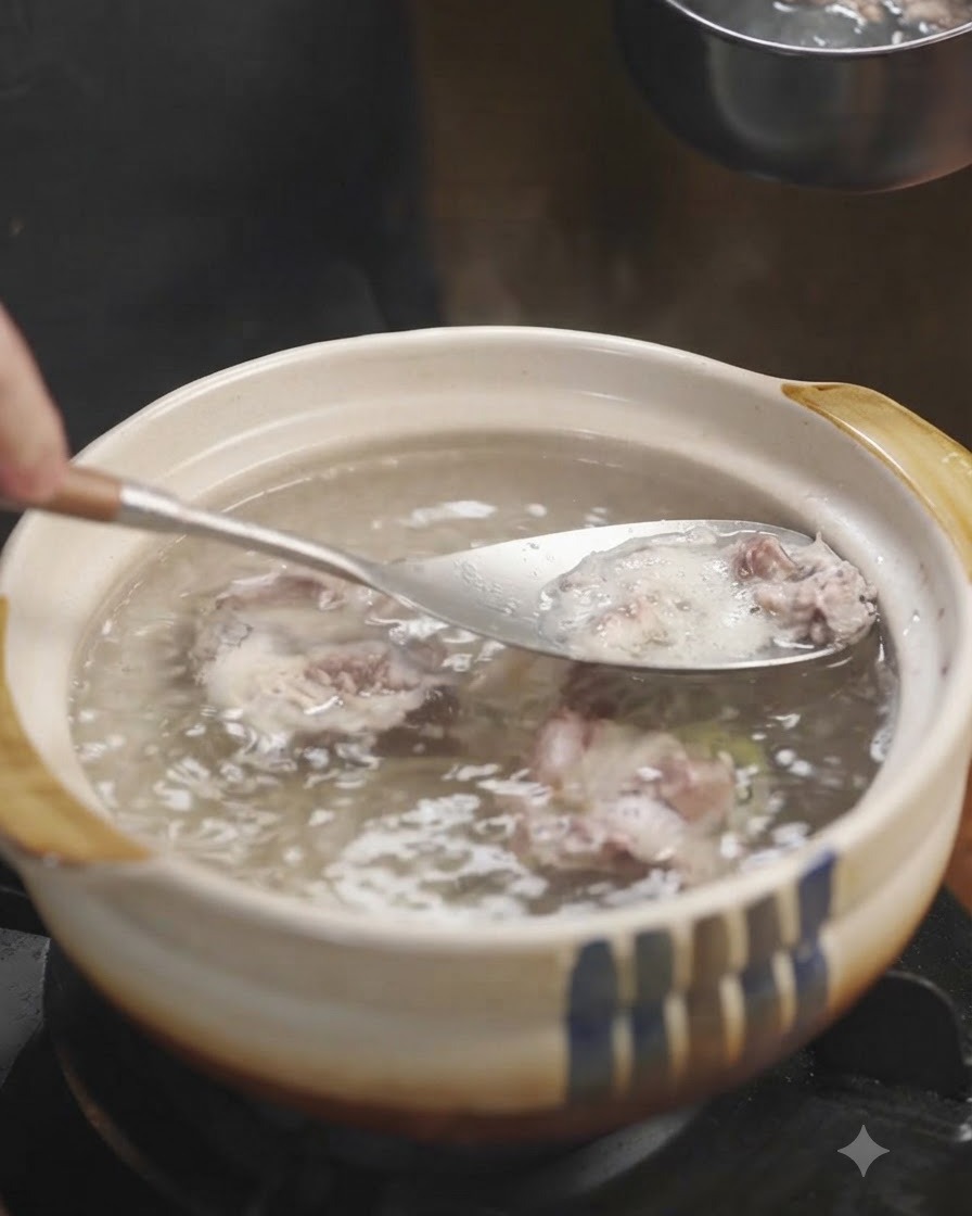 Un metallico mestolo che raccoglie la schiuma da una pentola di ossa di manzo in ebollizione.