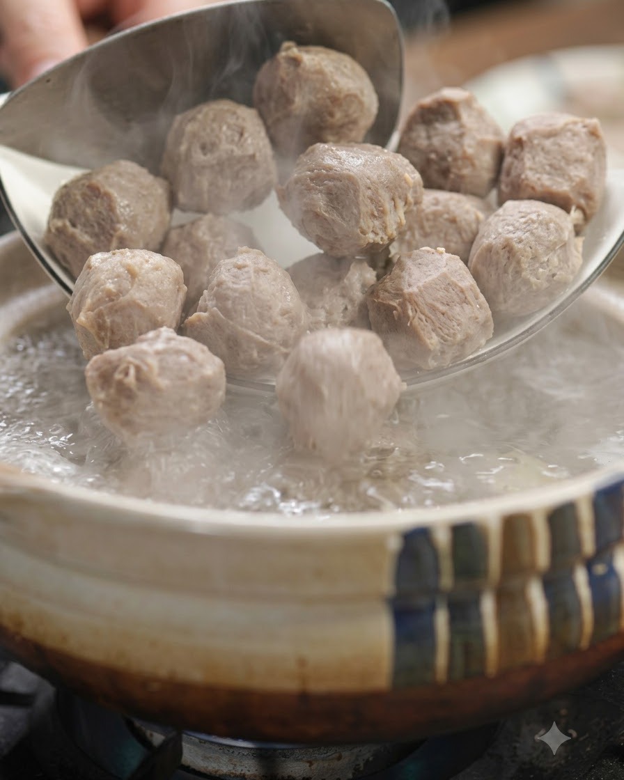 Polpette di manzo che vengono fatte cadere da un cucchiaio in una pentola di acqua bollente.