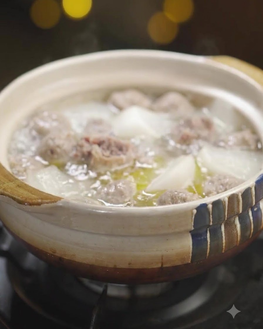 Coriandolo fresco tritato finemente cosparso sopra una pentola calda in ceramica piena di zuppa di polpette di manzo e ravanello.
