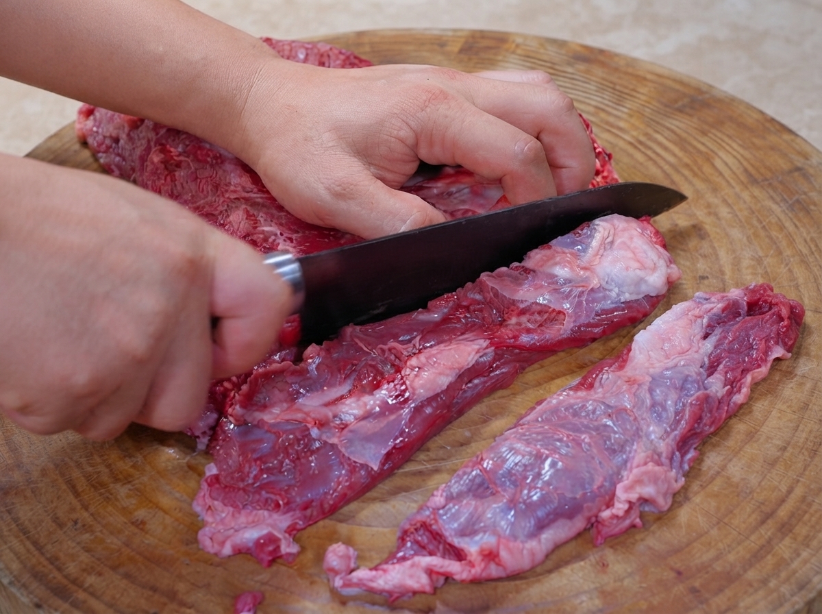 Mani che usano un coltello da cucina per affettare manzo crudo in lunghe strisce e pezzi uniformi su un tagliere rotondo di legno.