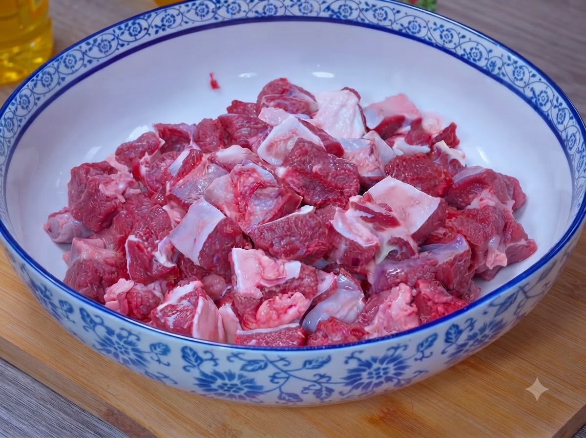 Pezzi di manzo allinterno di una grande ciotola con sale cosparso sopra.