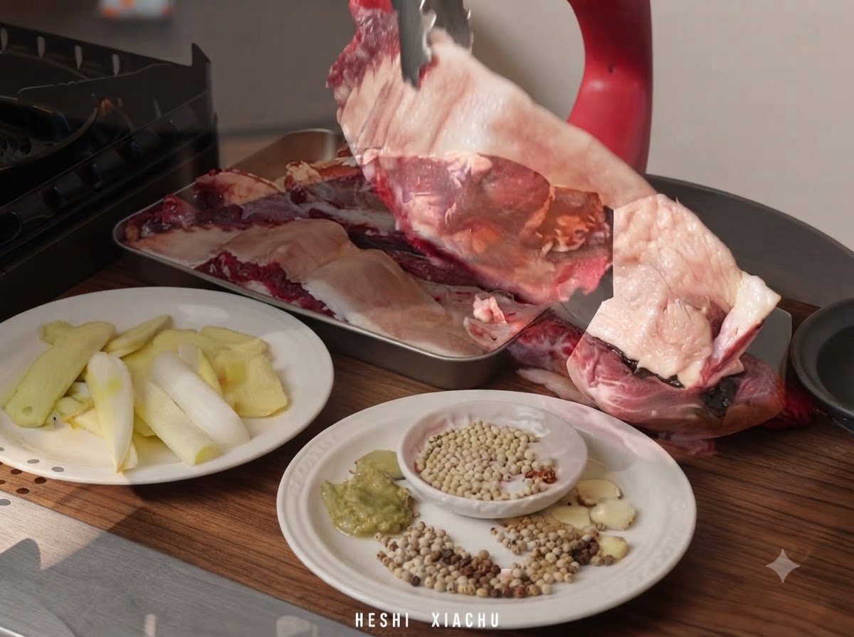 Pezzi di braciere di manzo crudo aggiunti in una padella riempita con acqua fredda, zenzero e cipollotti.