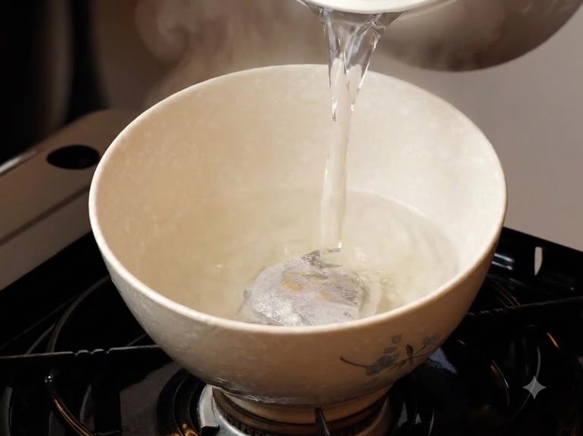 Acqua bollente versata da un bollitore in una ciotola di ceramica contenente un sacchetto di spezie sigillato.