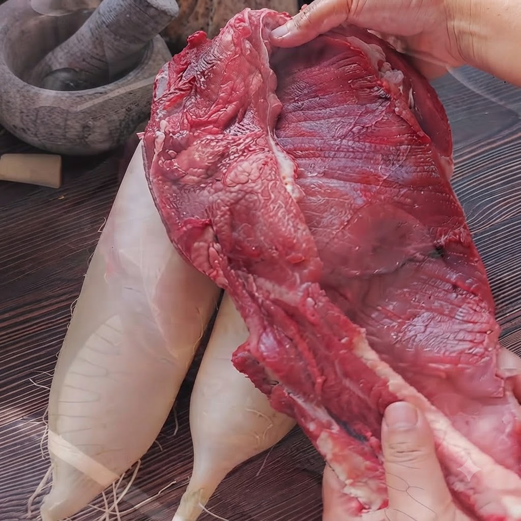 Costato di manzo crudo lavato sotto il rubinetto del lavandino della cucina.