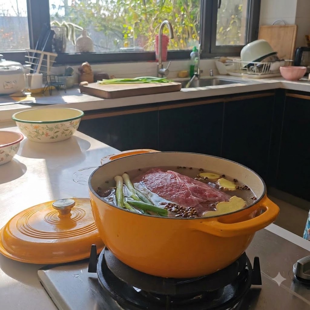 Pezzi di costato di manzo crudo, cipollotti e grani di pepe sommersi in acqua fredda dentro una pentola arancione.
