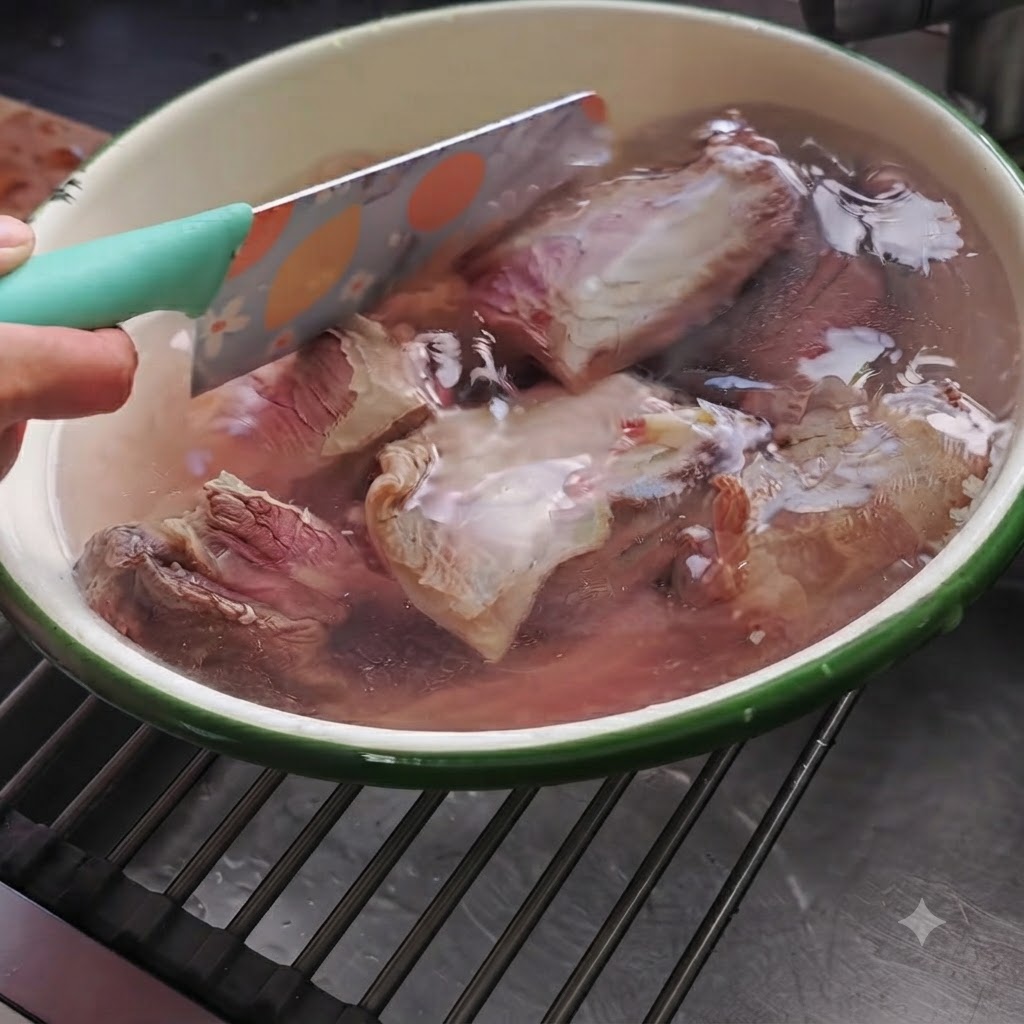 Pezzi di manzo cotto in ammollo in acqua calda dentro una ciotola profonda con bordo verde.