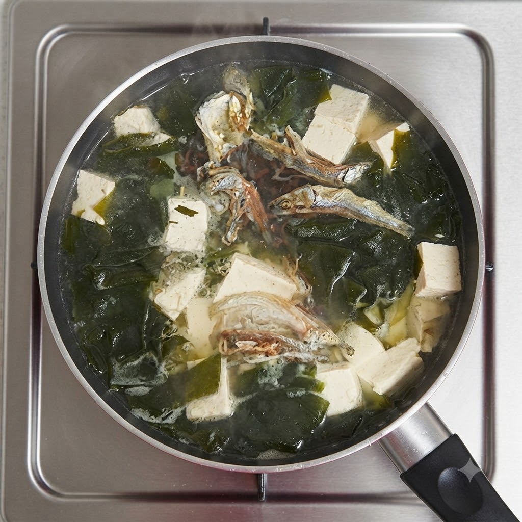 Dashi in polvere spolverato nella pentola di zuppa a fuoco lento.