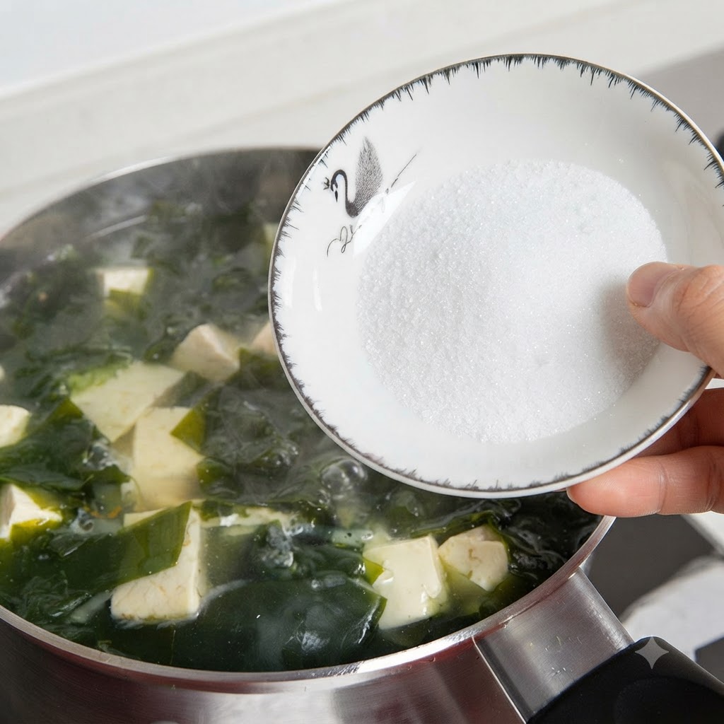 Una ciotola bianca contenente sale tenuta sopra una pentola a fuoco lento piena di zuppa di alghe e tofu.