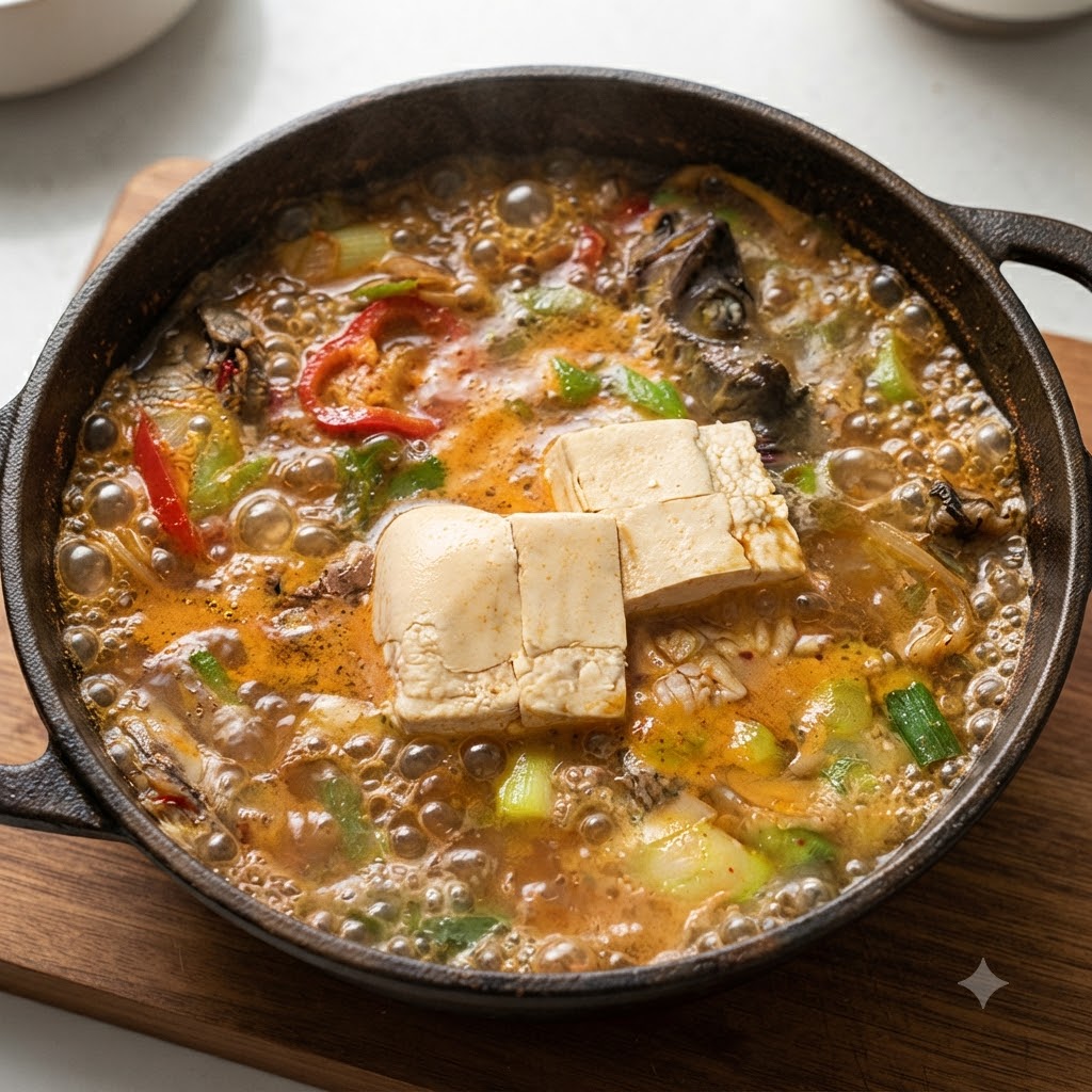 Blocchi di tofu bianco adagiati allinterno della pentola di zuppa di merluzzo bollente come fase di cottura finale.